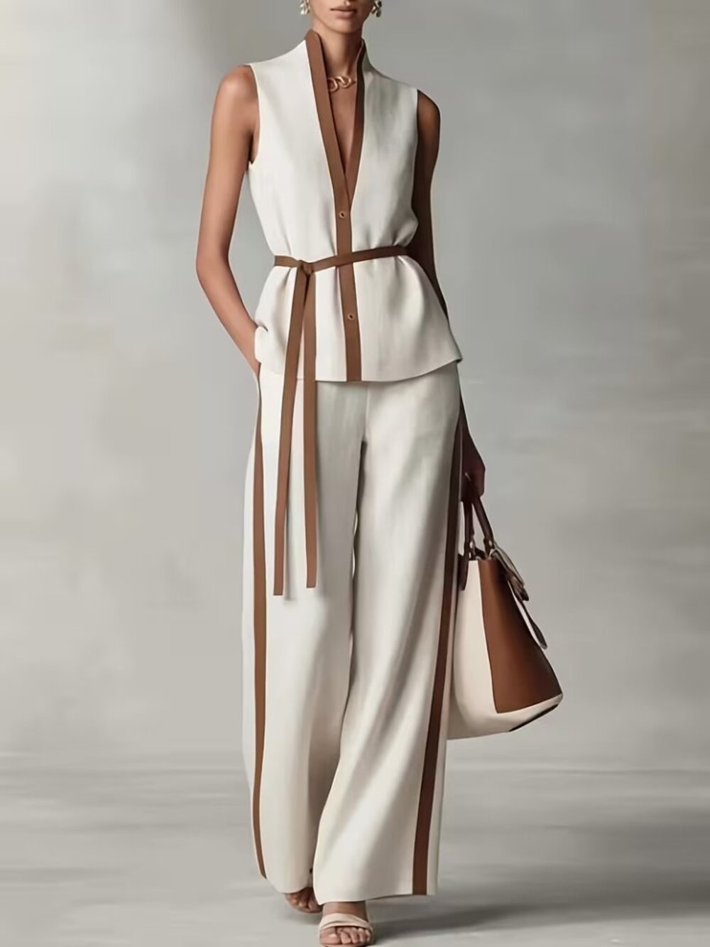 Beige Brown Color Block 2 Piece Belted Vest Wide Leg Pant Set
